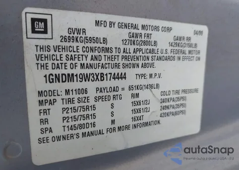 1999 Chevrolet Astro z USA, uszkodzony, nr VIN 1GNDM19W3XB174444